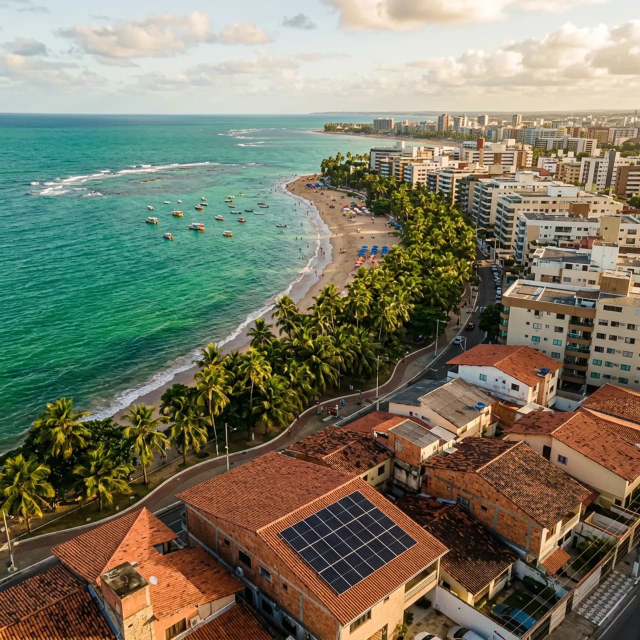 Orla de Maceió com mar esmeralda e coqueiros, medidor de energia em close na fachada de uma casa