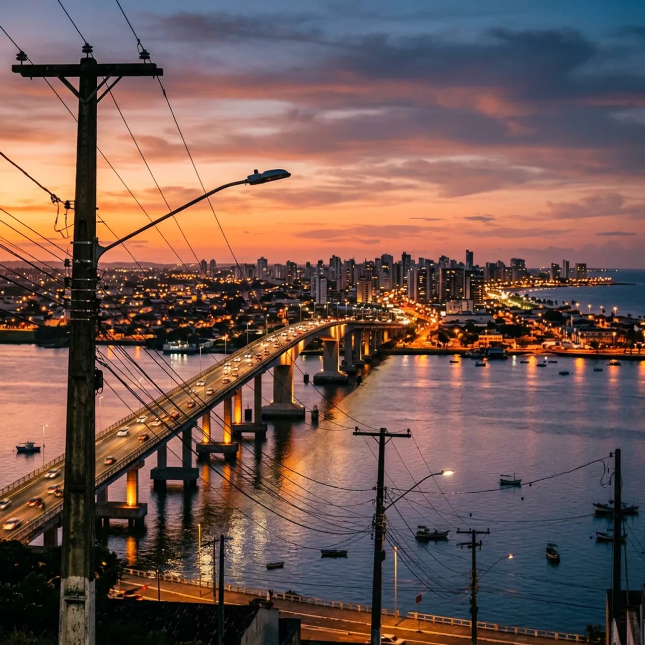Ponte sobre o rio Sergipe em Aracaju ao entardecer com a cidade iluminada ao fundo